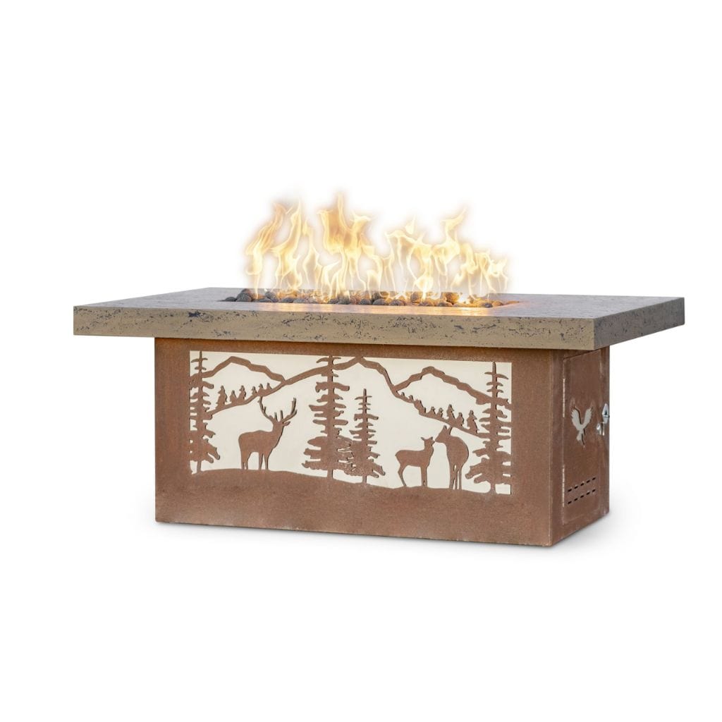 The Outdoor Plus 60" Outback Deer Country GFRC Top and Powdered Steel Base Rectangle Liquid Propane Fire Table - Flame Sense with Spark