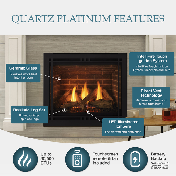Majestic Quartz Platinum 36" Traditional Top/Rear Direct Vent Propane Gas Fireplace With IntelliFire Touch Ignition System